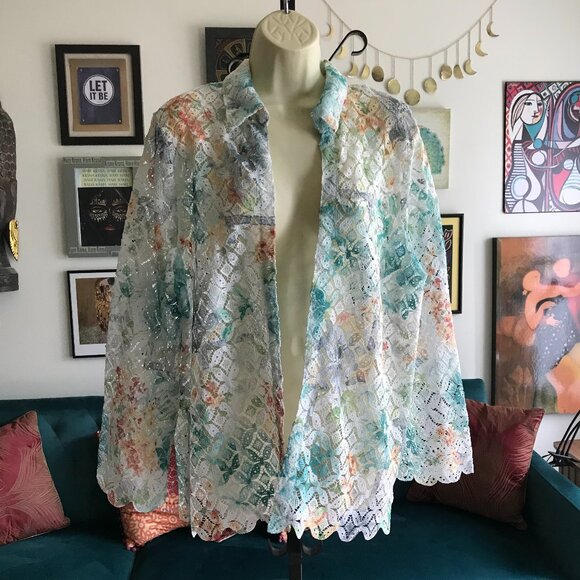 ALFRED DUNNER size L Sheer White Green & Rust Lace Open Jacket Top - Picture 1 of 5